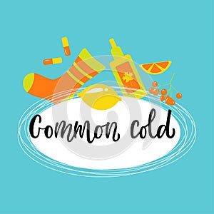 Handwritten COMMON COLD with varios means and mediciness on blue background photo